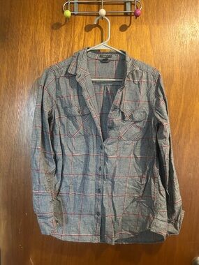 Eddie Bauer Gray Plaid Button-Down Shirt with Red Windowpane